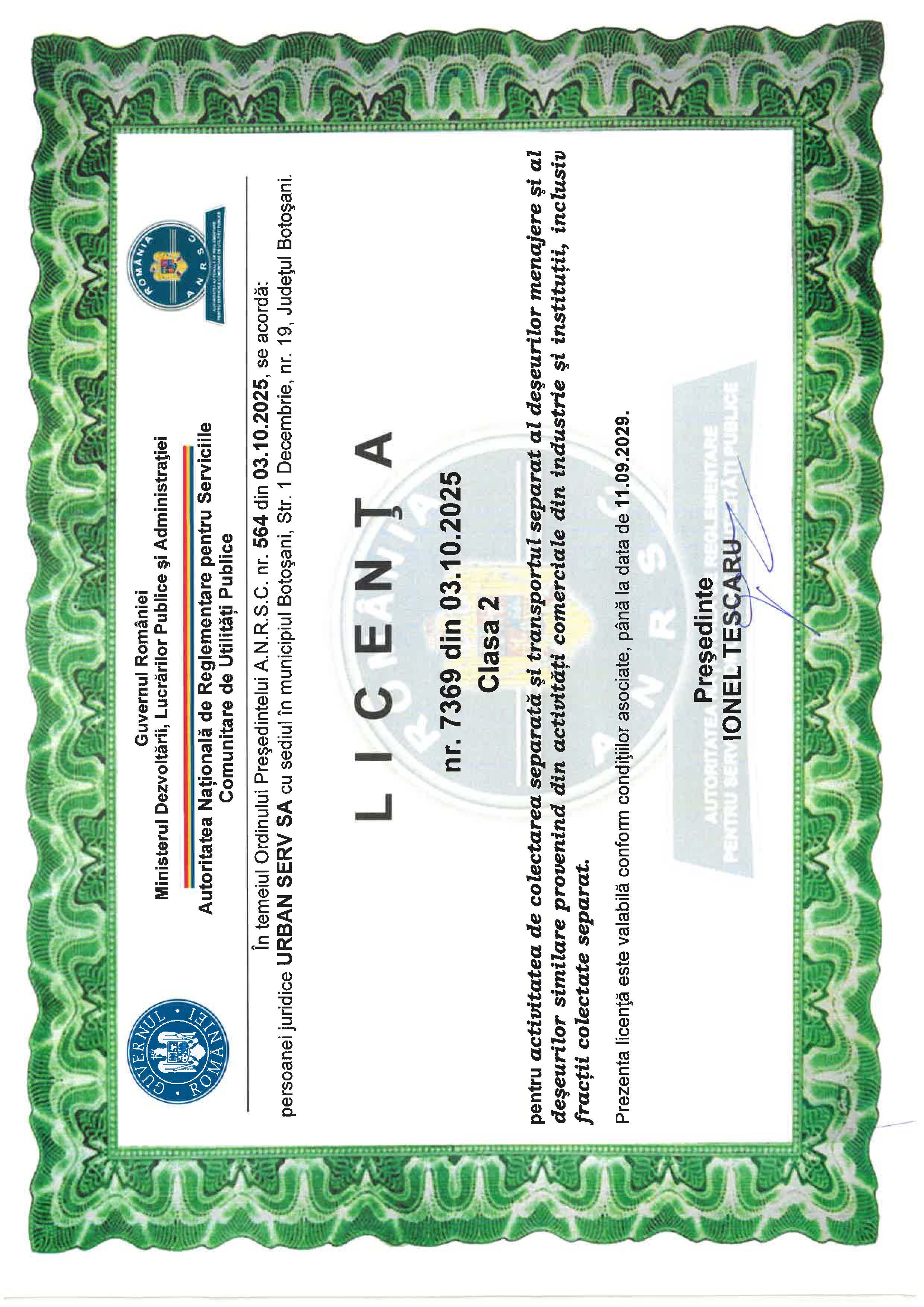 <font color=#05B877>Licența clasa 2 pentru activitatea de colectare separată și transportul separat al deșeurilor municipale...</font>